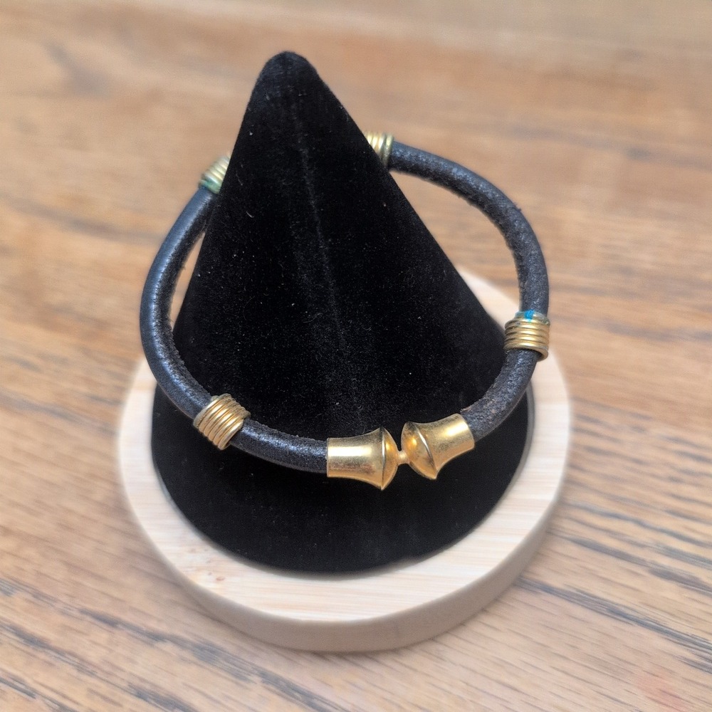 Vintage Leather Cord Bracelet Gold Tone Hardware Minimalist Boho Unisex‎ Black